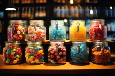 Assorted Colorful Candies In Glass Jars On Shelves