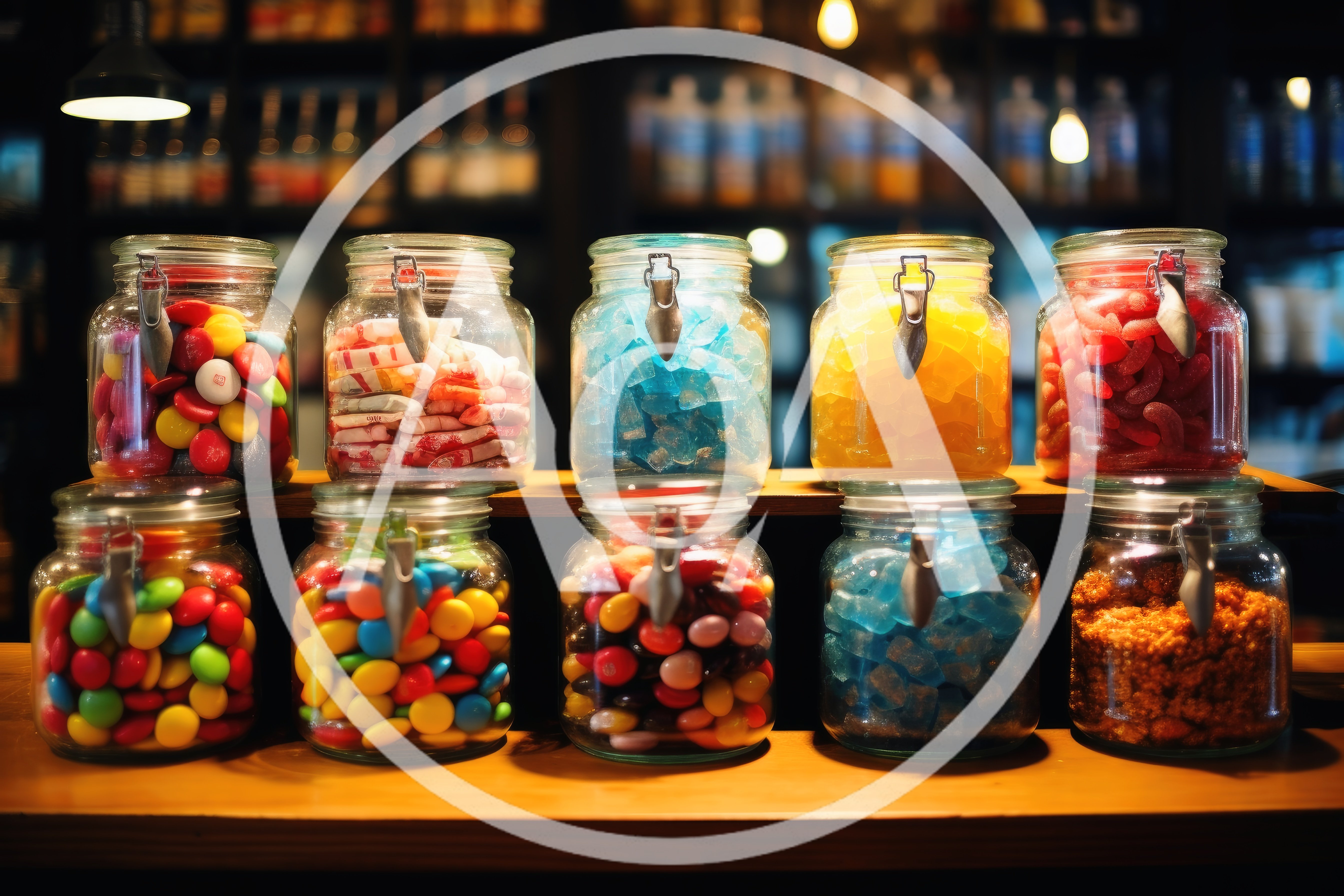 Assorted Colorful Candies In Glass Jars On Shelves