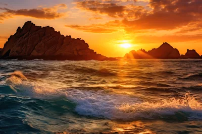 Golden Sunset Over Jagged Coastal Rock Formations