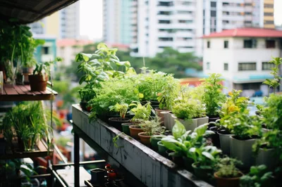 Urban Balcony Garden With Potted Herbs And Plants