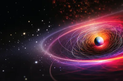 Abstract Cosmic Planet Surrounded By Glowing Orbital Rings