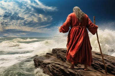 Biblical Figure Parting The Sea With A Wooden Staff