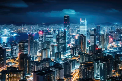 Aerial View Of Hong Kong Skyline At Night