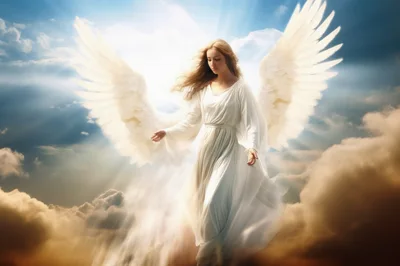 Ethereal Angel With Large White Wings In The Clouds