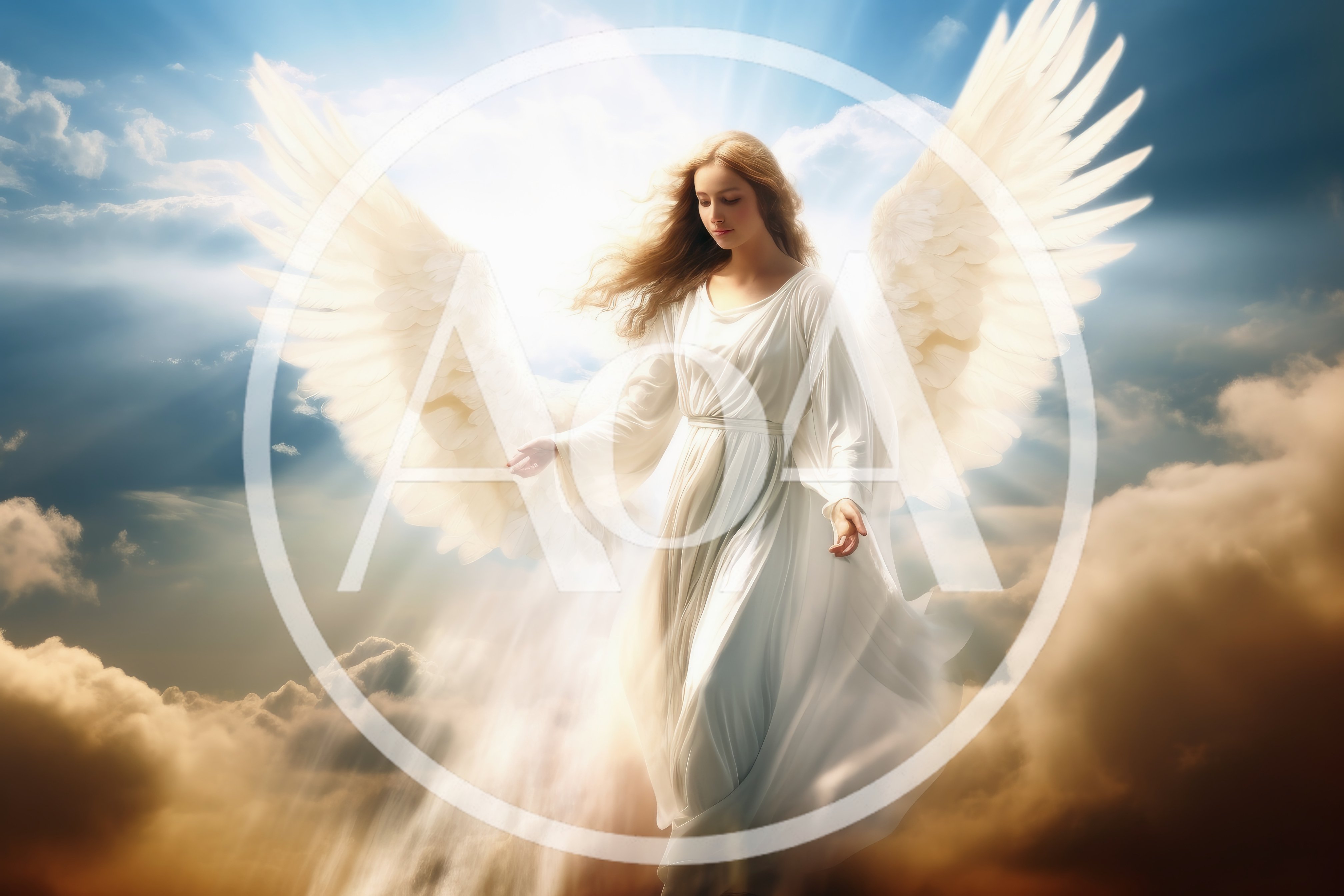 Ethereal Angel With Large White Wings In The Clouds