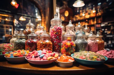 Assorted Colorful Candies In Glass Jars And Bowls