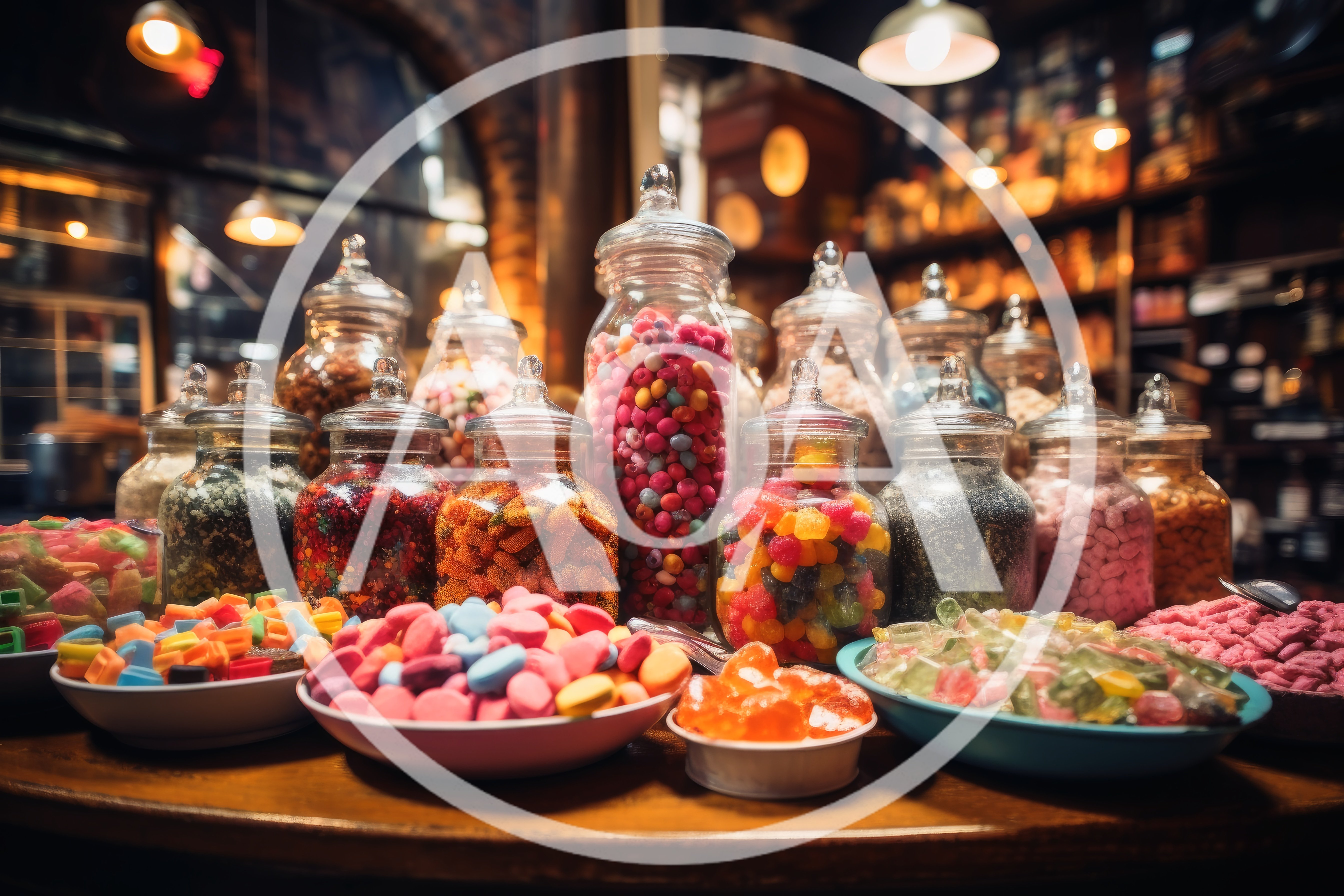 Assorted Colorful Candies In Glass Jars And Bowls