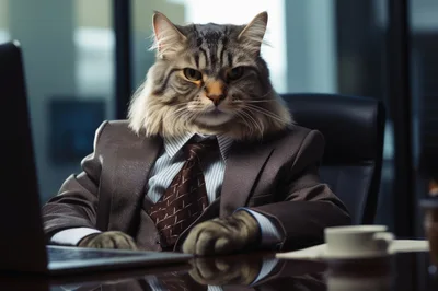 Anthropomorphic Cat Businessman Working At Office Desk