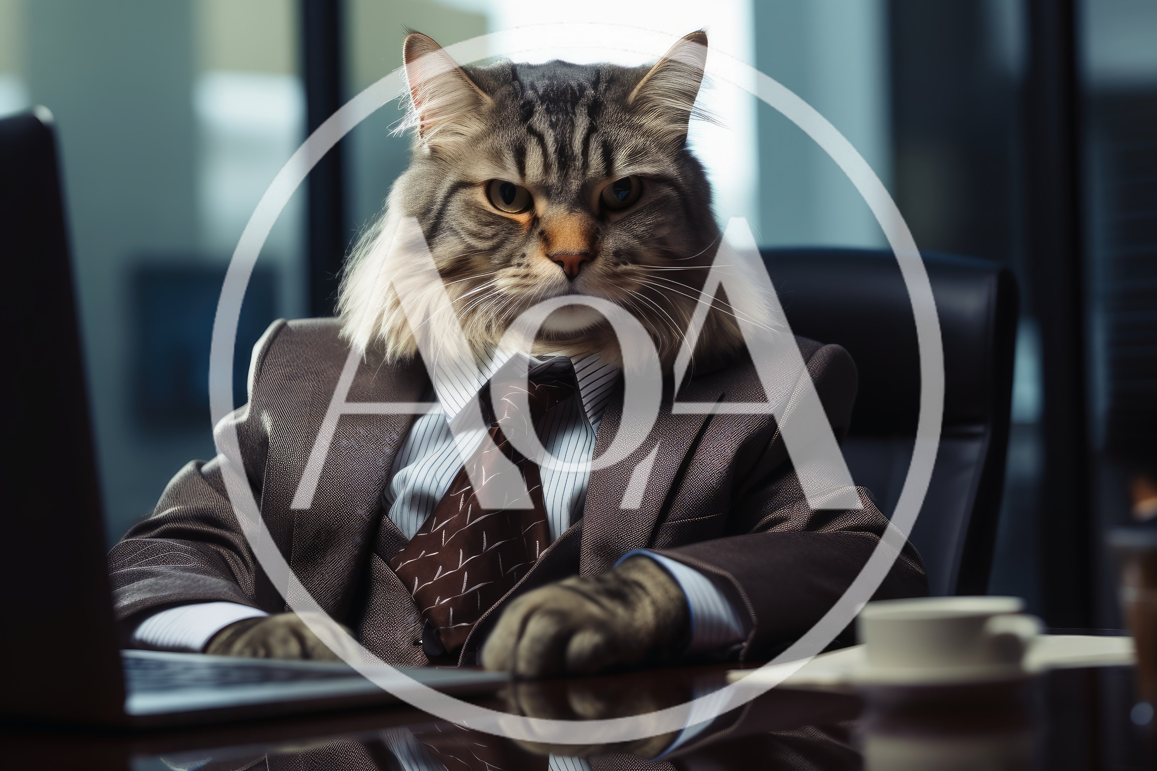 Anthropomorphic Cat Businessman Working At Office Desk
