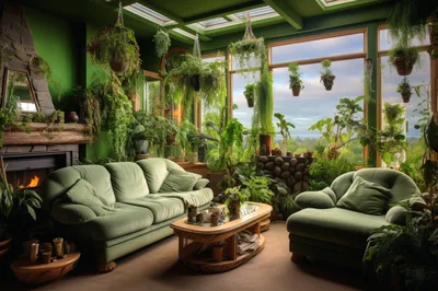 Cozy Green Sunroom Living Room With Lush Indoor Plants