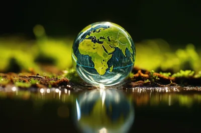 Glass Globe Resting On Mossy Ground With Reflection