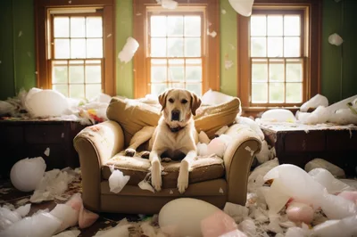 Guilty Labrador Retriever Sitting In A Messy Living Room