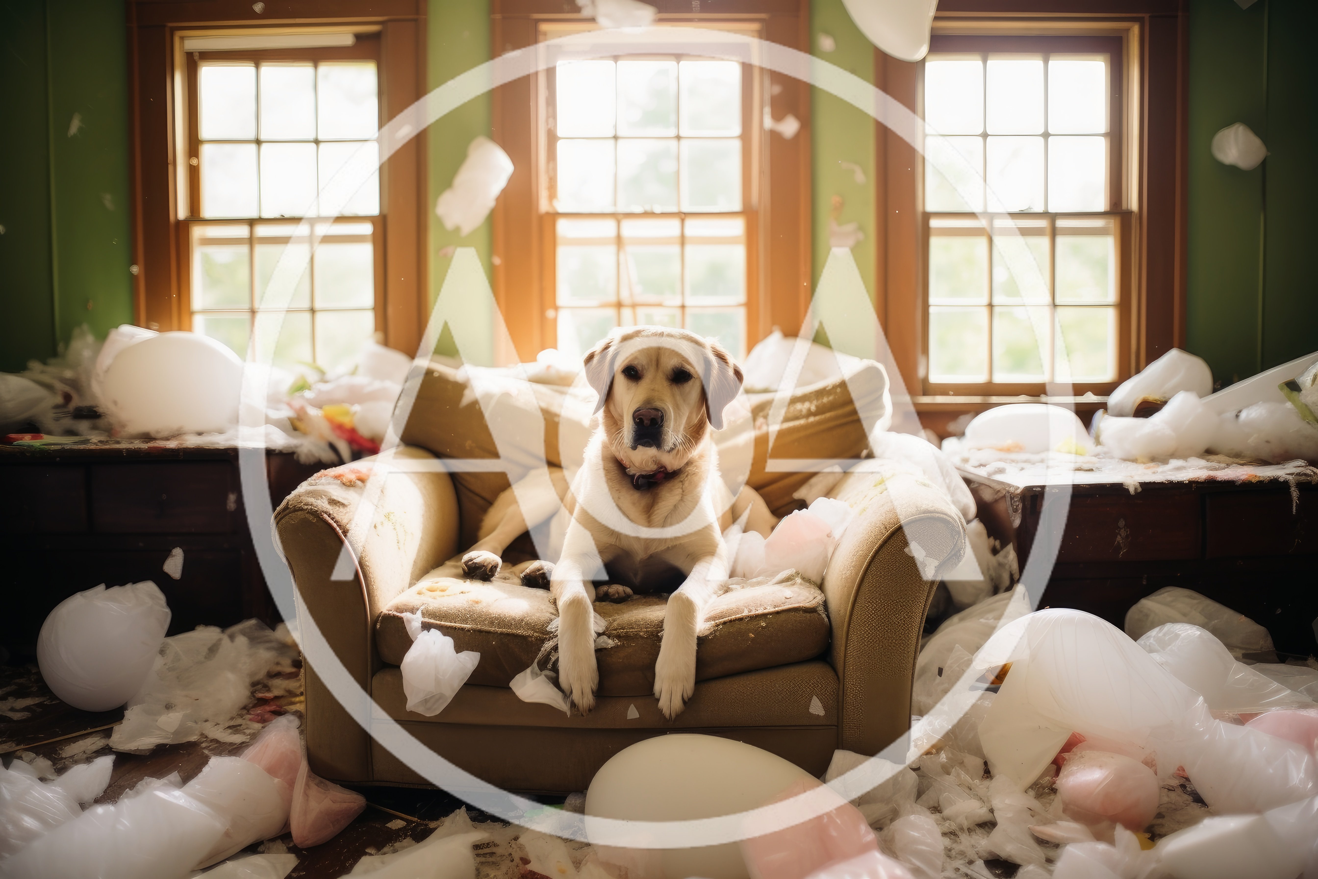 Guilty Labrador Retriever Sitting In A Messy Living Room