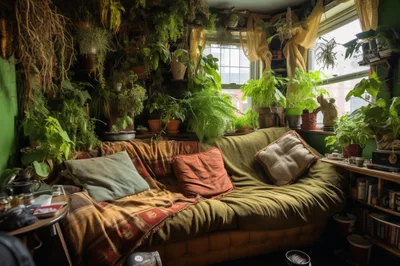 Cozy Living Room Filled With Lush Indoor Houseplants