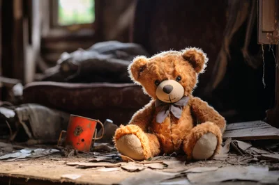 Old Teddy Bear Sitting In Abandoned Room