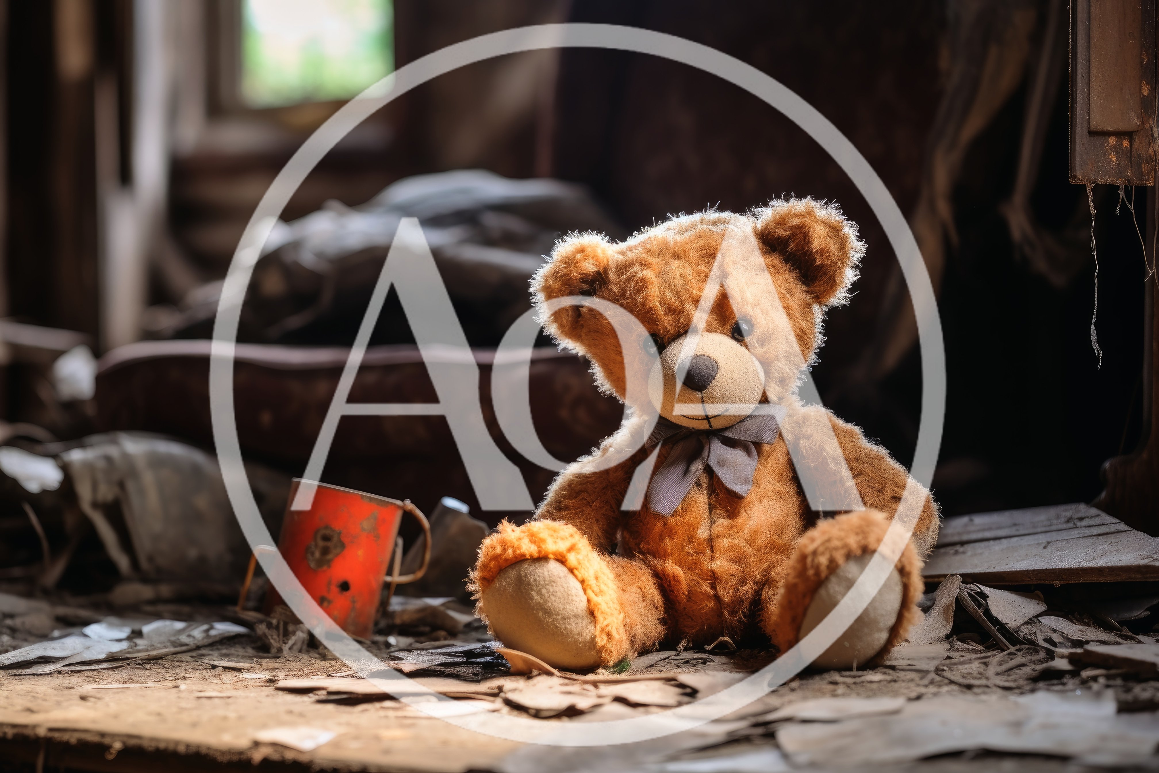 Old Teddy Bear Sitting In Abandoned Room