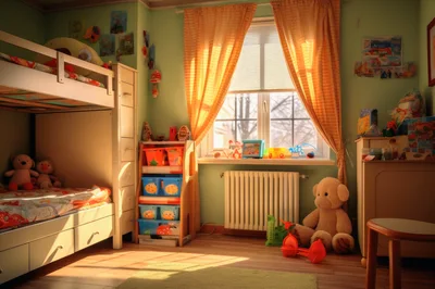 Cozy Children Bedroom With Bunk Bed And Toys