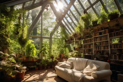 Sunlit Greenhouse Living Room With Bookshelves And Plants