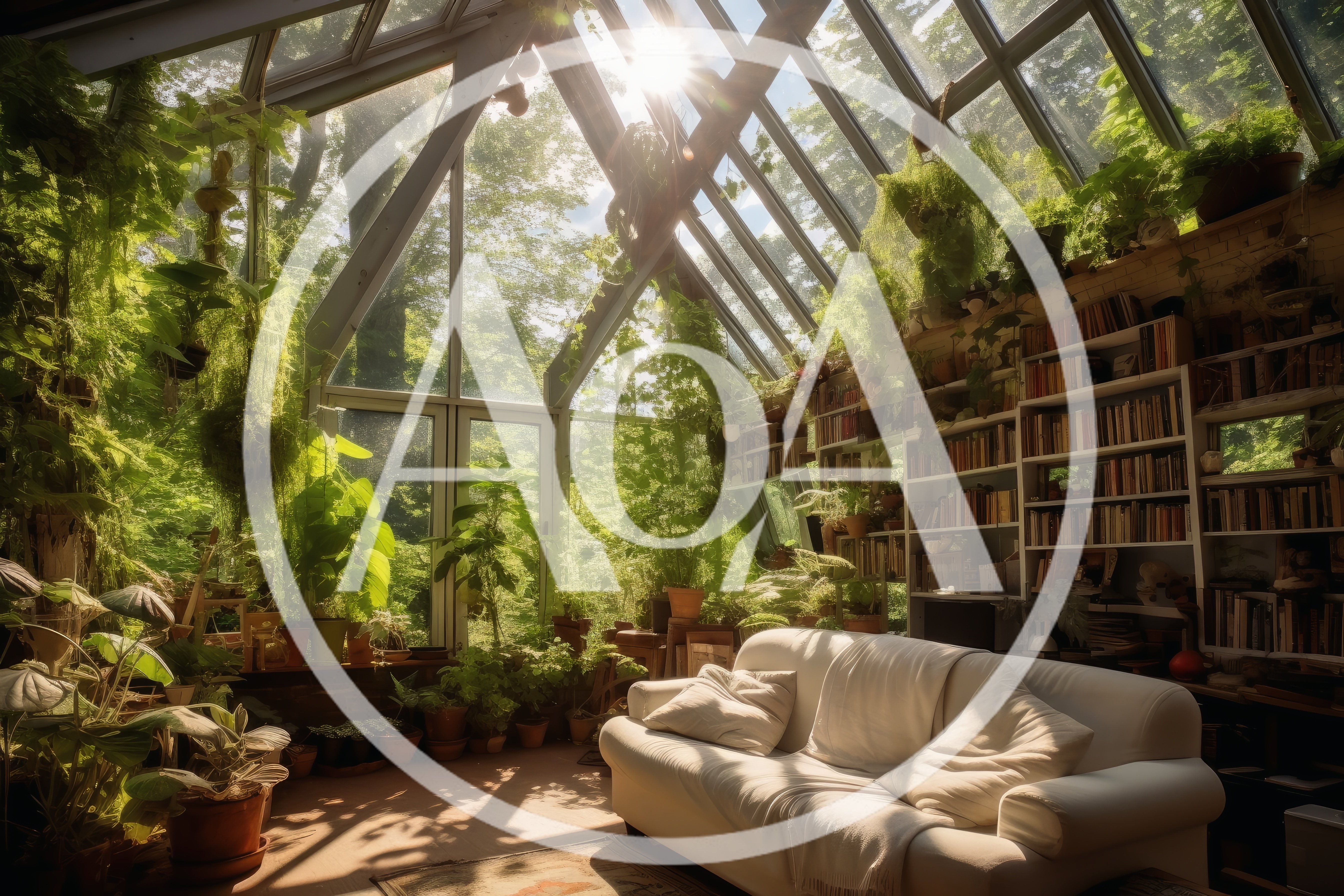 Sunlit Greenhouse Living Room With Bookshelves And Plants