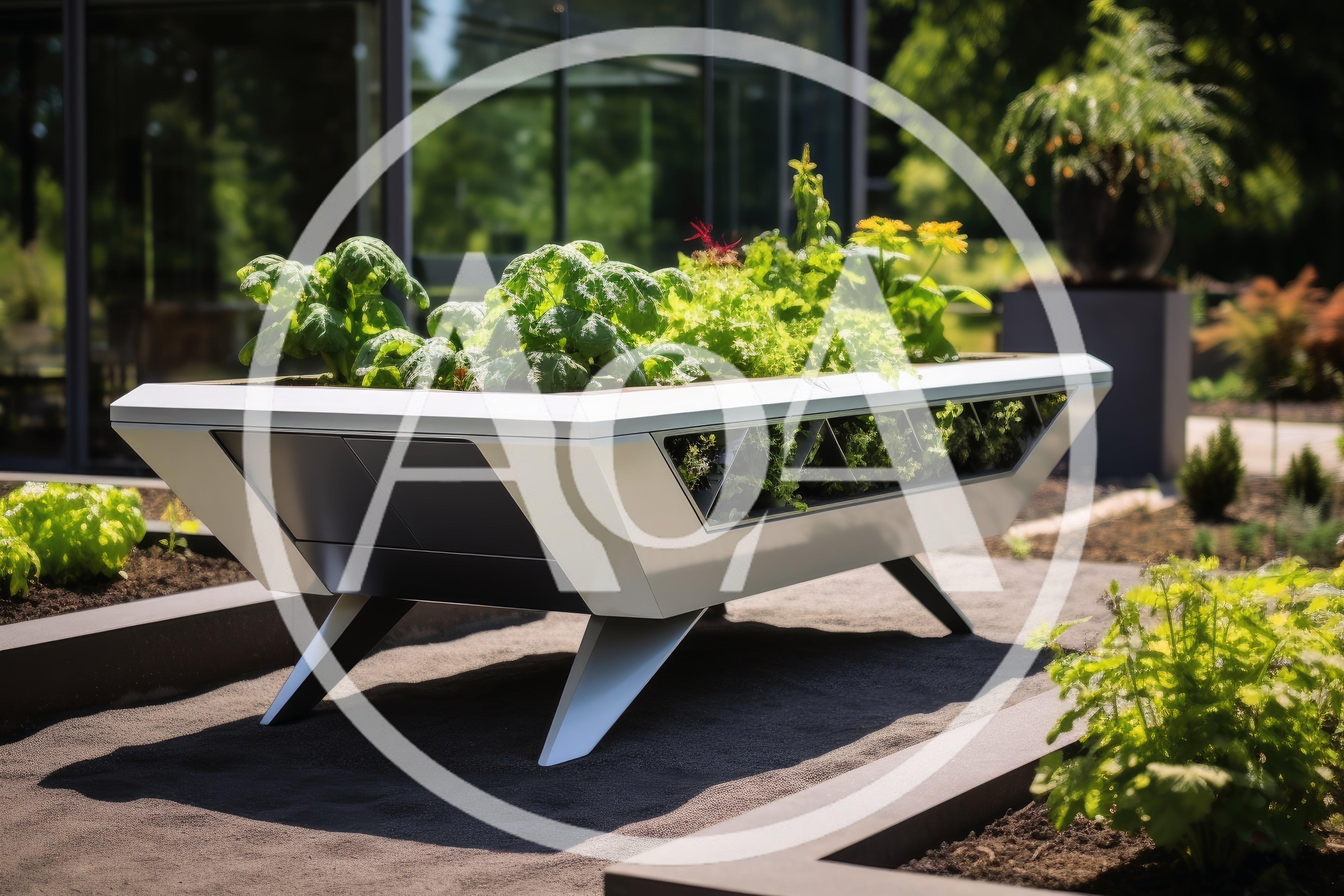 Modern Futuristic Planter Box With Lush Green Plants