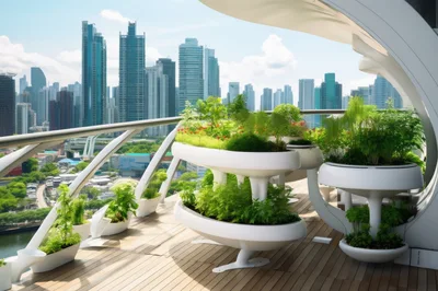 Modern Balcony Garden With Futuristic Planters Overlooking City Skyline