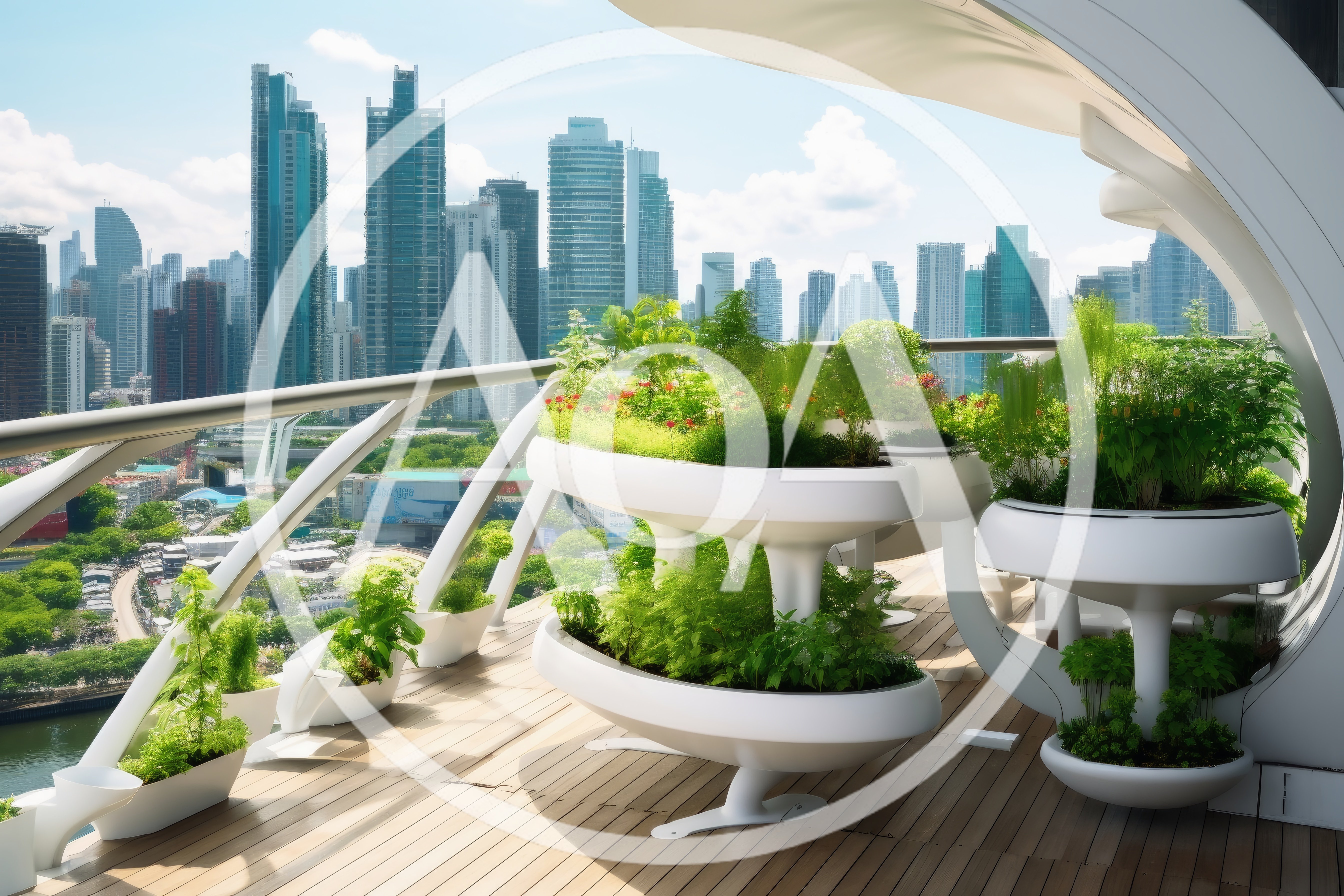 Modern Balcony Garden With Futuristic Planters Overlooking City Skyline