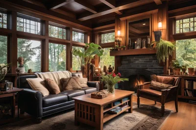 Cozy Living Room With Dark Wood Paneling And Fireplace