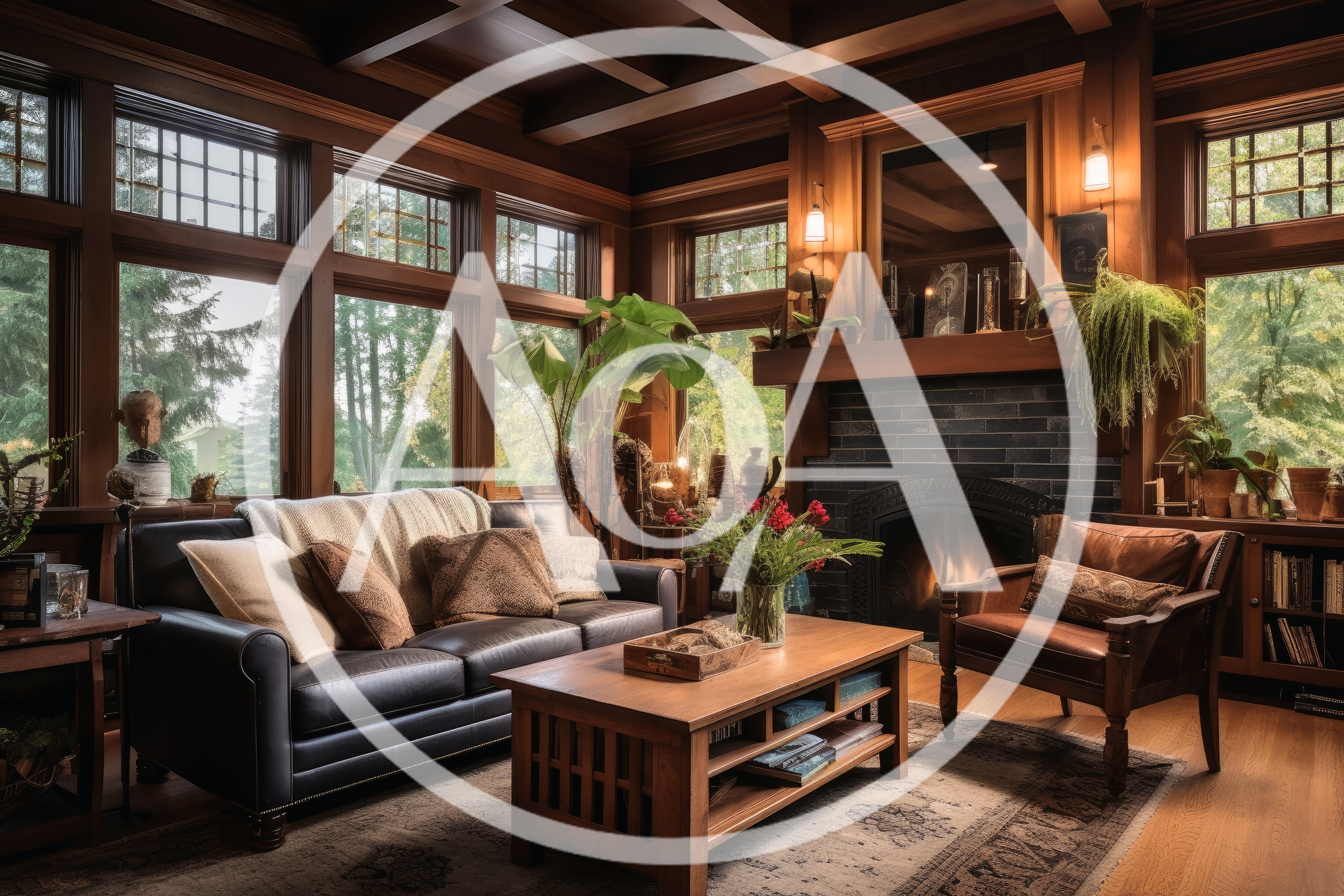 Cozy Living Room With Dark Wood Paneling And Fireplace