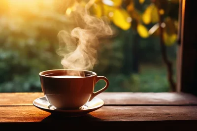 Steaming Cup Of Coffee On A Wooden Table