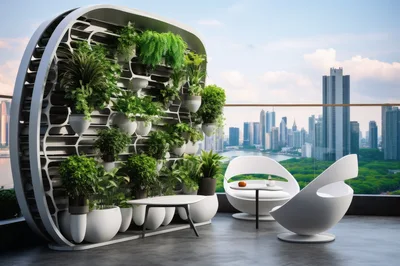 Modern Balcony With Vertical Garden And Futuristic Furniture