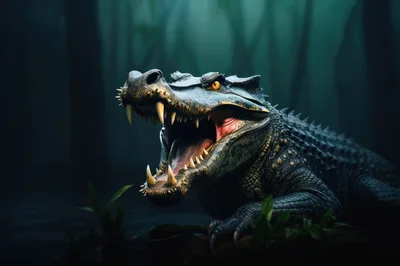 Fierce Alligator With Open Jaws In Dark Swamp