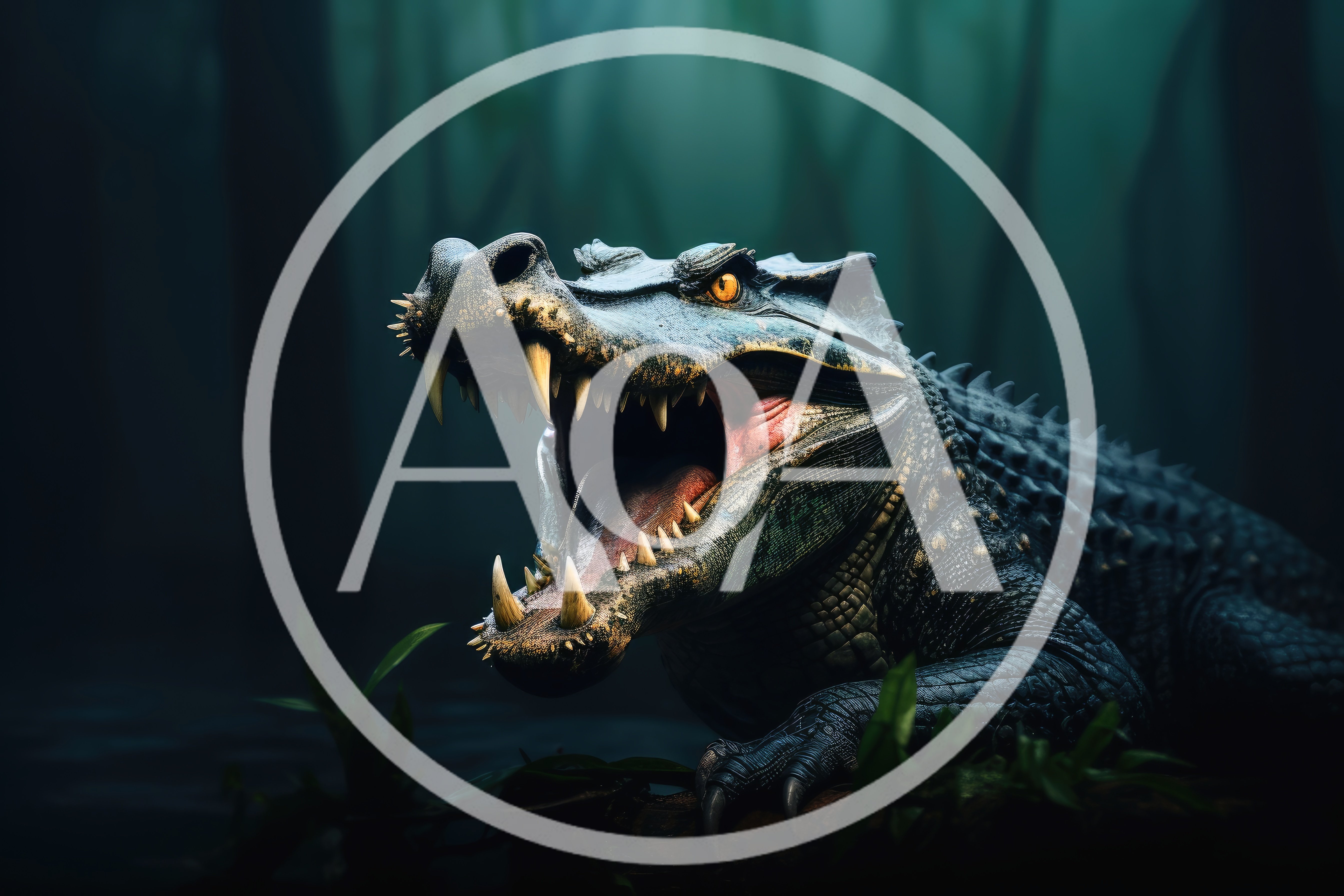 Fierce Alligator With Open Jaws In Dark Swamp
