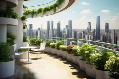Modern Balcony Garden Overlooking A Futuristic City Skyline