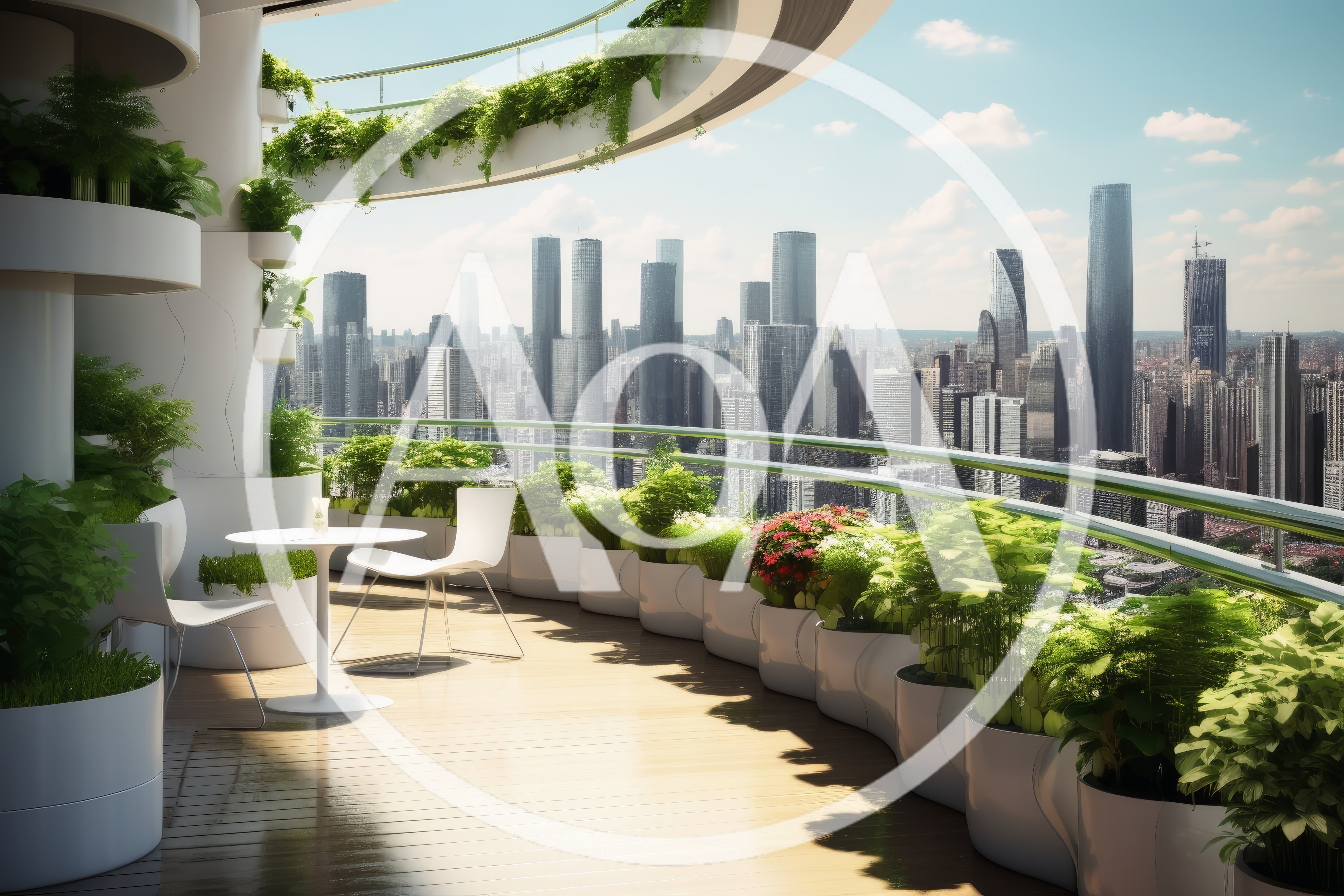 Modern Balcony Garden Overlooking A Futuristic City Skyline