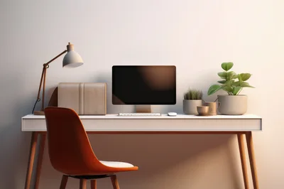 Minimalist Home Office Desk With Computer And Plant