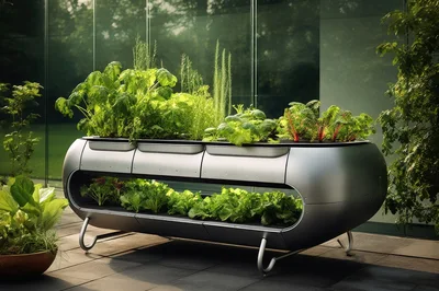 Modern Metallic Tiered Planter With Fresh Green Vegetables