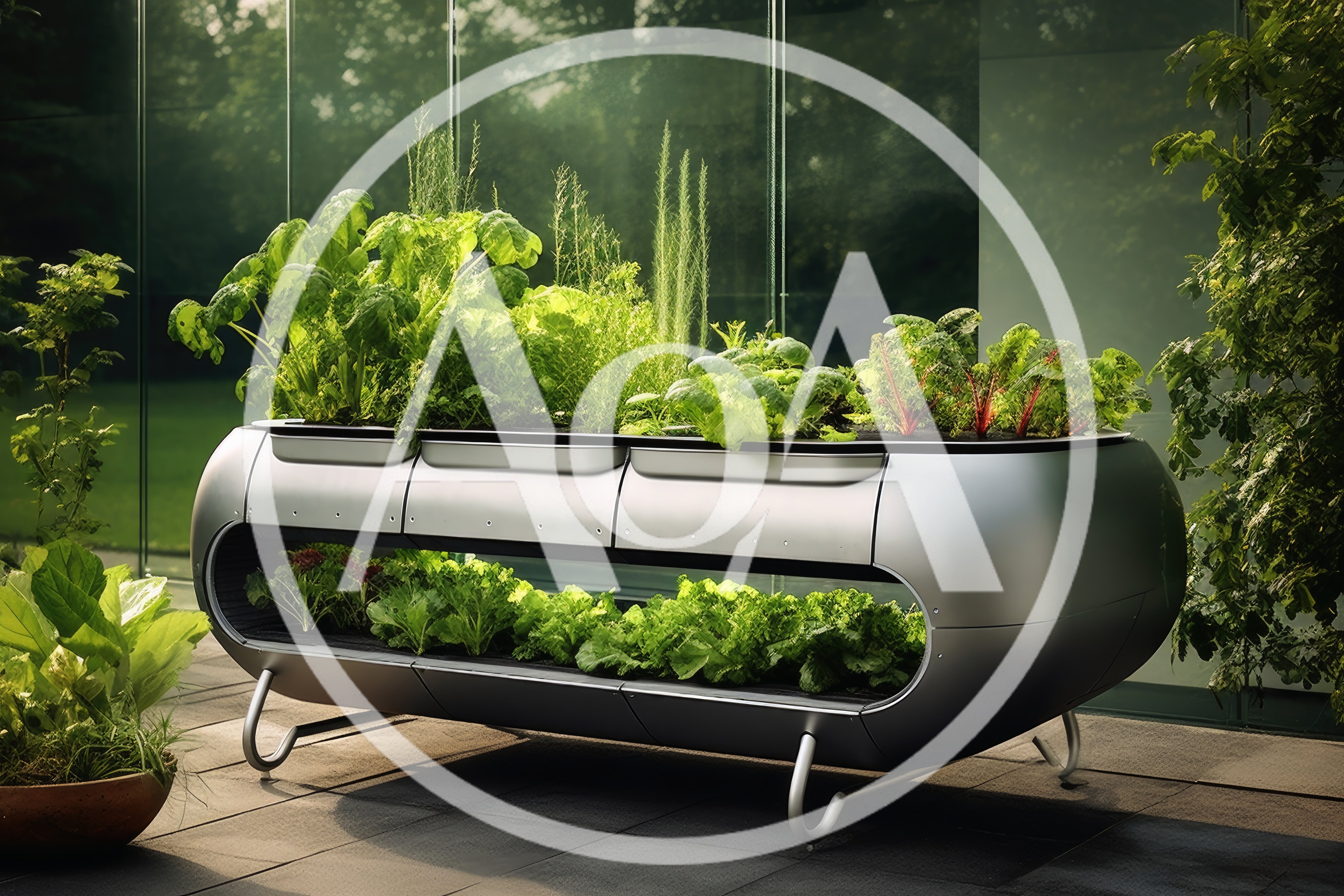 Modern Metallic Tiered Planter With Fresh Green Vegetables