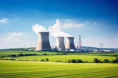 Nuclear Power Plant Cooling Towers In Rural Landscape
