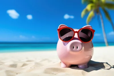 Pink Piggy Bank Wearing Red Sunglasses On Tropical Beach