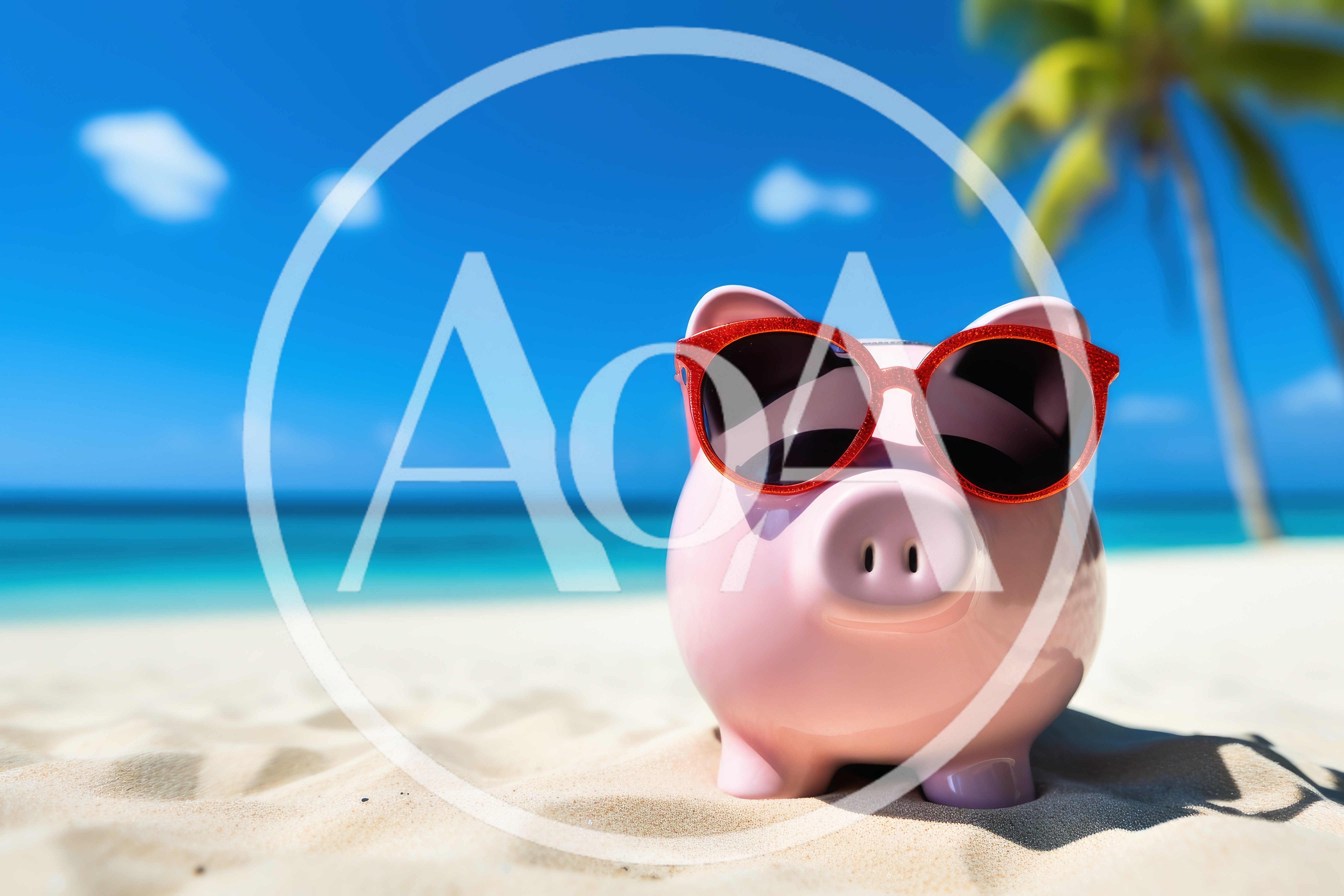 Pink Piggy Bank Wearing Red Sunglasses On Tropical Beach