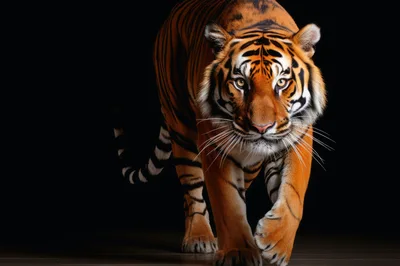 Majestic Tiger Walking Forward Against Black Background