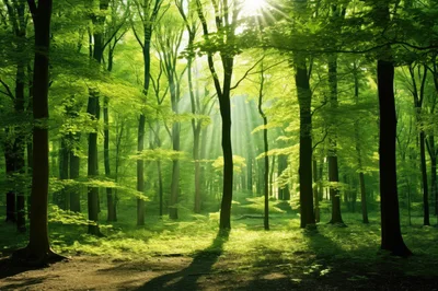 Sunlight Streaming Through A Lush Green Forest
