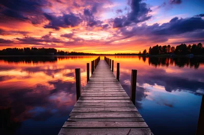 Wooden Pier Extending Into A Calm Lake At Sunset
