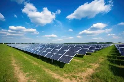 Large Scale Solar Farm Under Blue Sky