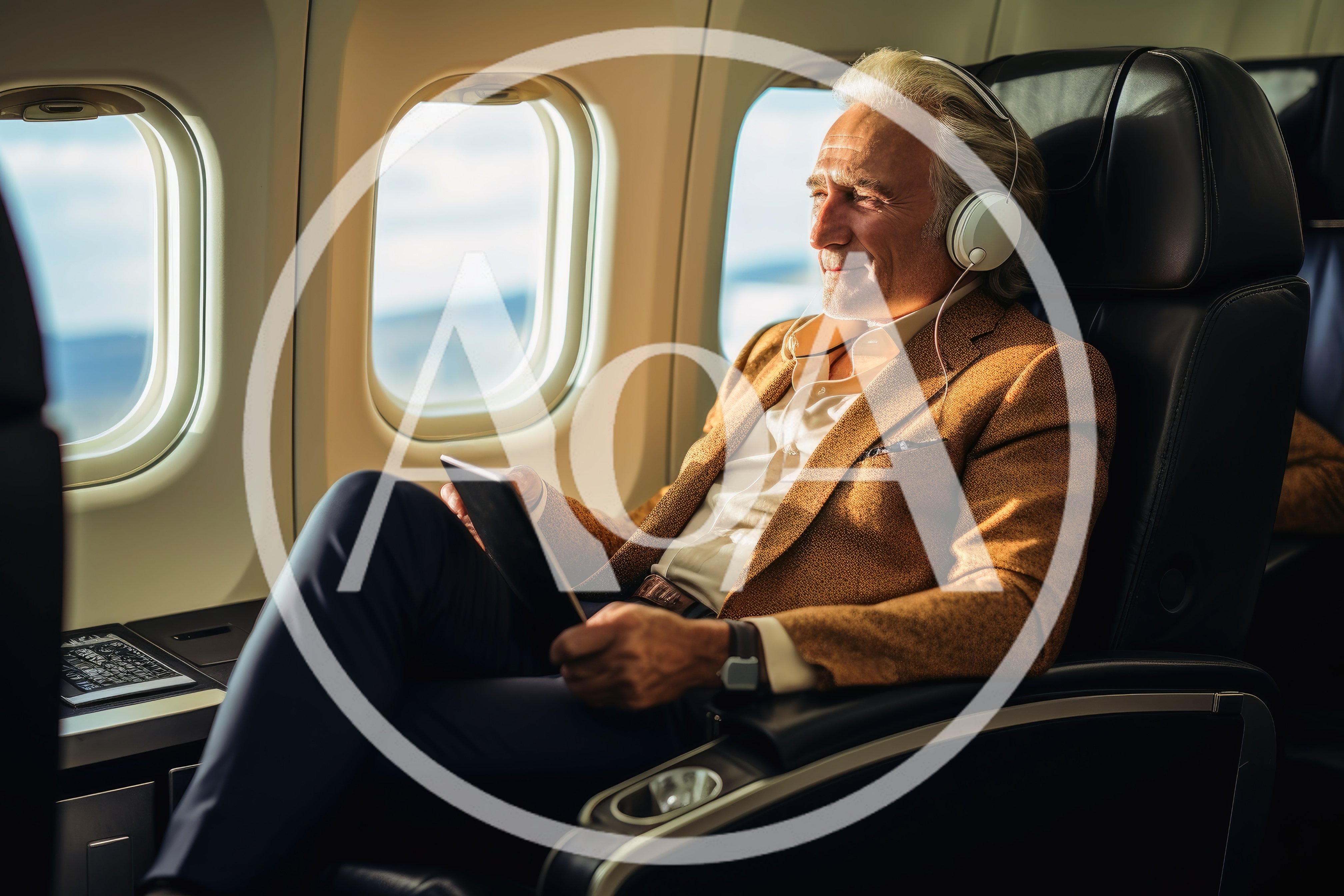 Mature Businessman Relaxing With Tablet On Airplane