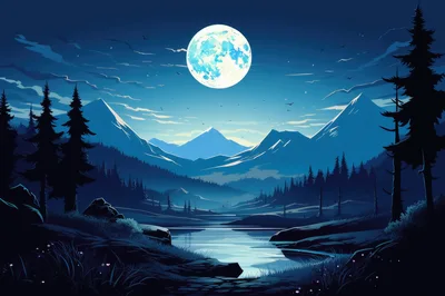 Full Moon Over Serene Mountain Lake Landscape