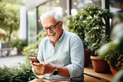 Senior Man Laughing While Using Smartphone Outdoors