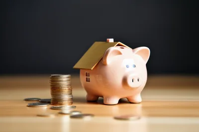 Piggy Bank With House Roof And Coin Stack