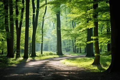 Sunlight Filtering Through A Lush Green Forest Path