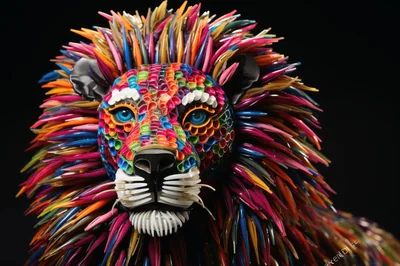 Colorful Abstract Lion Sculpture Made Of Plastic Pieces